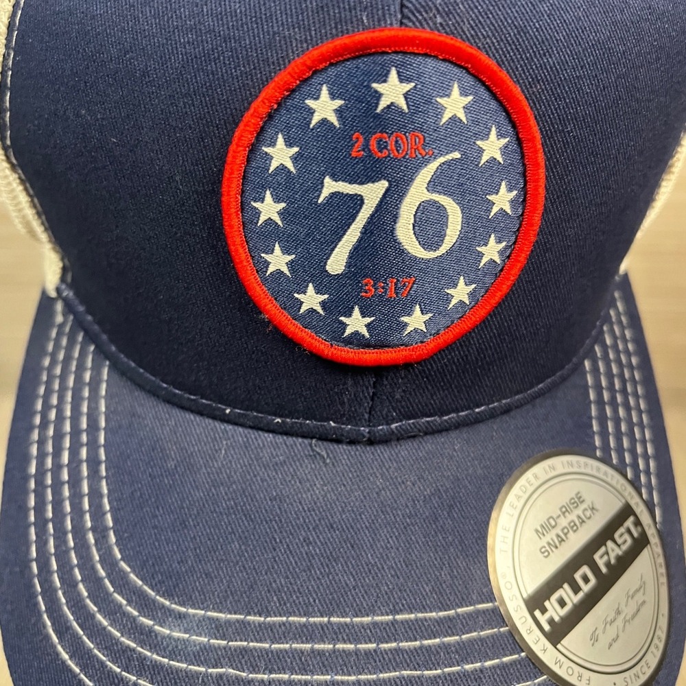 Hold Fast Mens 76 2 Cor 3:17 Patriotic Christian Snapback Trucker Hat Navy Faith - Picture 7 of 9